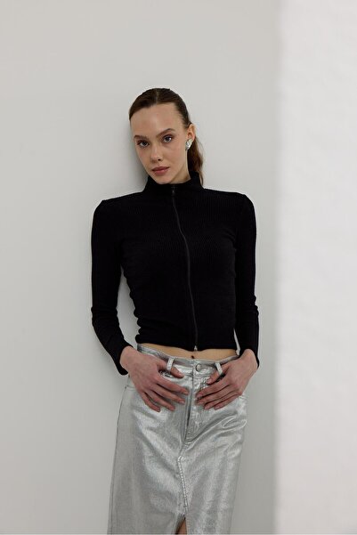 TUBİA Women's Black Color Half Fisherman Zipper Crop Cardigan