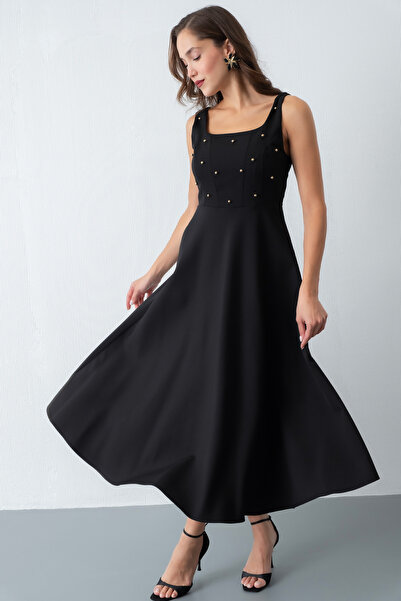 Lafaba Women's Black Square Neck Pearl Midi Dress