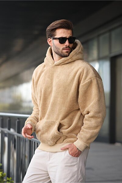 Madmext Μπεζ βελούδινο ανδρικό φούτερ με κουκούλα 6050