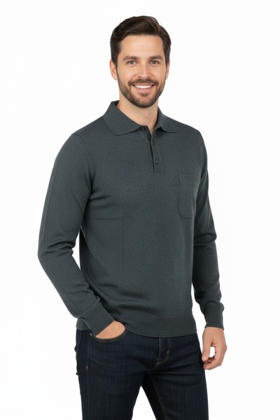 Oppland Men's Sweater Polo Neck Wool Style Woven Pocket Classic Model Full Fit