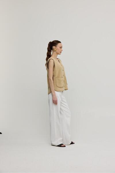 TUBİA Γυναικείο βελούδινο γιλέκο Camel Pocket Zero Sleeve με κουμπιά