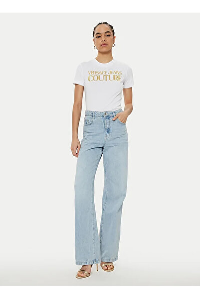 VERSACE JEANS COUTURE Yuvarlak Yaka Baskılı Beyaz Kadın T-Shirt 78HAHT01