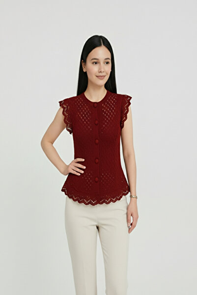 Sibel Günay Butik Kadın Bluz | Dantelli Düğme Detaylı Yelek Model | Bordo