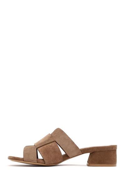 Derimod Women's Mink Thick Short Heeled Suede Leather Slippers 25Sfd141210