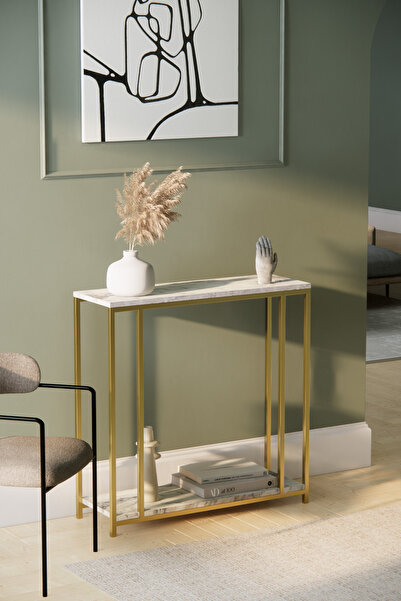 Phobia Midas Beyaz Mermer Desen Gold Metal Dresuar Konsol 1825