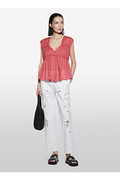 Sisley Women's Off-White Cotton Embroidered Hidden Zipper Relax Fit Trousers