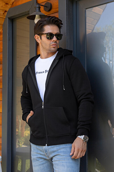 FRANCO RENZO Hanorac din bumbac cu glugă și fermoar pe lungime, cu 3 fire
