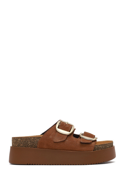 Derimod Women's Tan Double Buckle Thick Soled Suede Leather Slippers 25Sfd132810