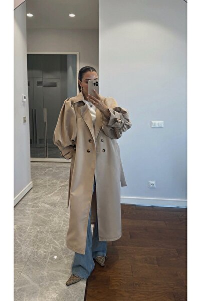 BRTC design Women's Camel Balloon Sleeve Double Breasted Premium Trench Coat
