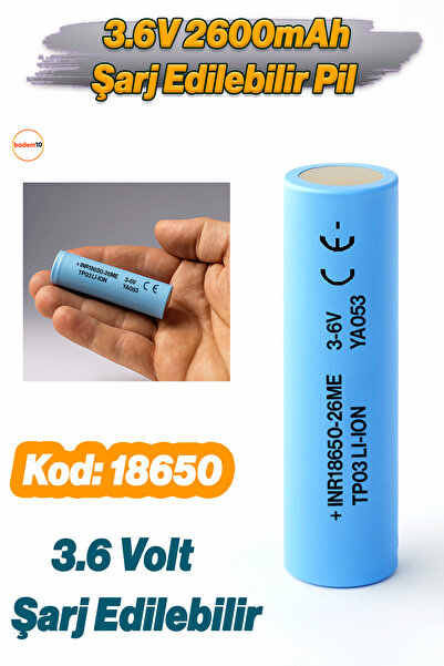 Badem10 18650-26ME Açık Mavi Şarjlı Batarya Pil 3.6V 2600mAh Li-Ion Uzun Ömür...