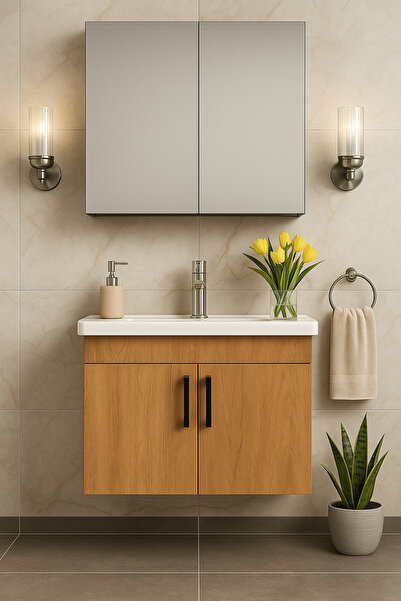 Tasarım Liventa 65 Cm Ahşap Renkli, Seramik Lavabolu, Mdf Banyo Dolabı Takımı