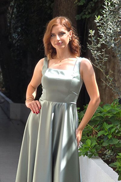 Yonca Moda Evi Mint Kare Yaka Askılı Midi Boy Abiye 7000