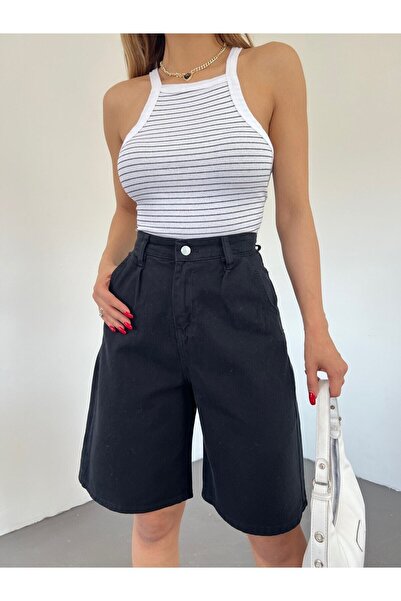 Fav Style Women's High Waist Bermuda Wide Leg Denim Shorts Black