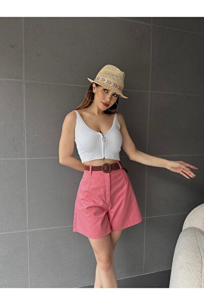 Fav Style Kadın Yüksek Bel Kemerli Cepli Geniş Paça Gabardin Şort Pembe
