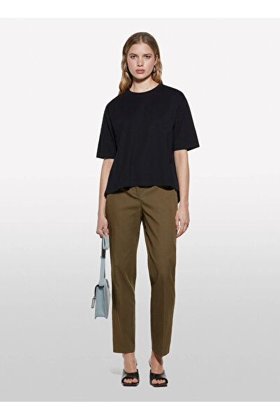 Sisley Women's Dark Khaki Cotton Blend Side Tie High Waist Cigarette Pants