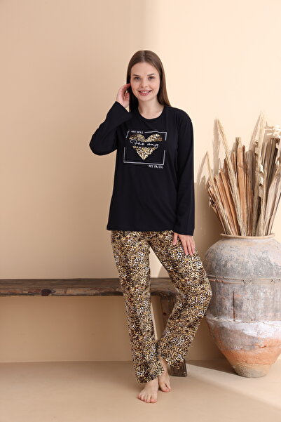 ELİTOL Fekete leopárd mintás pamut kötött, hosszú ujjú női pizsama szett
