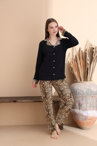 ELİTOL Siyah Leopar Desen Pamuklu Örme Uzun Kol Kadın Düğmeli Pijama Takımı