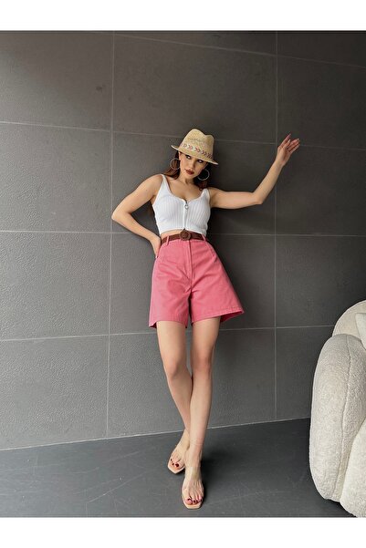 Fav Style Kadın Yüksek Bel Kemerli Cepli Geniş Paça Gabardin Şort Pembe