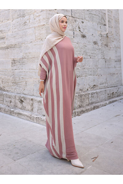 SAHRA BUTİK Dusty Rose ριγέ πλεκτό φόρεμα νυχτερίδας - Sahra Boutique