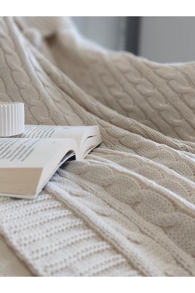 Sevim Pompom Knitwear Knitted Tv Blanket – Knitted Sofa & Shoulder Shawl & Knee Blanket – 130X170 cm – Dark Cream