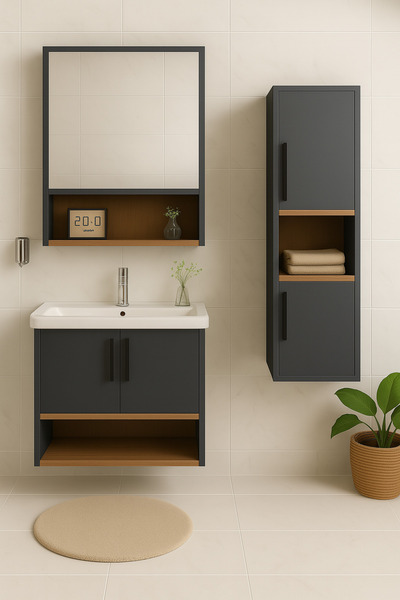 Tasarım Legna 80 cm Antrasit-Ahşap Renkli, Seramik Lavabolu, Alt - Üst ve Boy Dolaplı Tamamı Mdf Banyo Seti