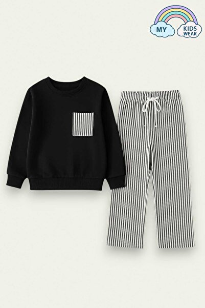 My Kids Wear Girls Sweatshirt and Trousers Set – Black Striped 2-10 Years 12017