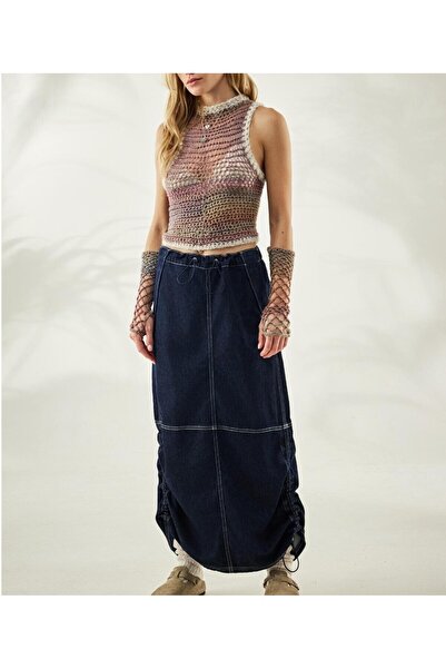 september island Dark Navy Blue Y2k Cargo Long Maxi Skirt