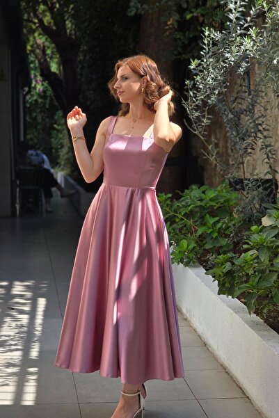 Yonca Moda Evi Pudra Kare Yaka Askılı Midi Boy Abiye 7000