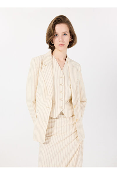 Sisley Women's Cream Mix Linen Blended Buttoned Pocket Blazer Jacket