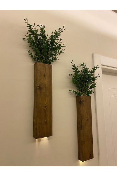 Genel Markalar 2 Li Peri Ledli Pilli Ahşap Çiçeklik Dekoratif Aydınlatma Yapay Çiçek Balkon Dekoru Otel Bohem 40cm