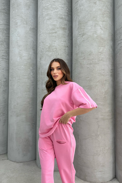 Bliss Γυναικείο ριγέ κοντομάνικο άνετο σετ φόρμας με κάτω μέρος ροζ