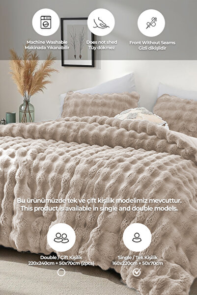 Evlen Home Collection Kürk Yatak Örtüsü Seti Tek Kişilik Dolgulu Peluş Yumuşak Yorgan Wellsoft 2 Parça Lory Bej