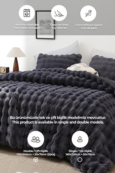 Evlen Home Collection Хутряне покривало для ліжка Двоспальне наповнене плюшем М'яке двостороннє ковдру 3 частини Lory Антрацит Фуме