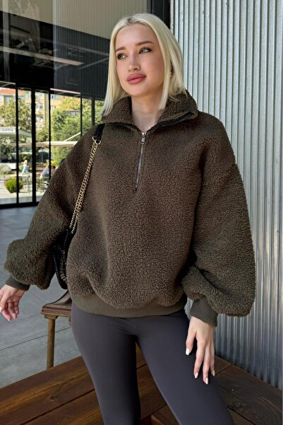 Madmext Haki Peluş Fermuar Yaka Sweatshirt MG1413