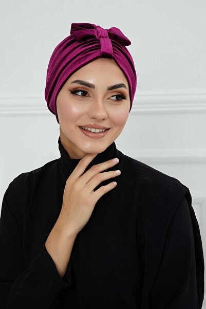 Aisha's Design Velvet Bonnet with Front Bow, Purple, B-7K, Purple