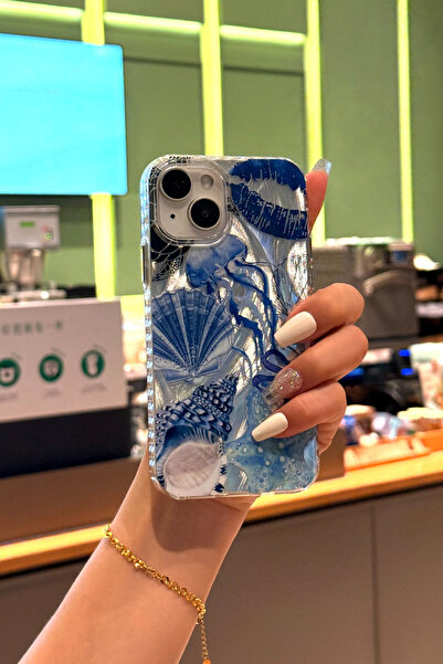 Fibaks iPhone 13/14/15 Kılıf Hologramlı Mavi Deniz Kabuğu Desenli Darbe Emici Kamera Korumalı Silikon