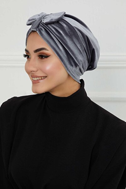 Aisha's Design Βελούδινο μπονέ με φιόγκο μπροστά, γκρι, b-7k, γκρι