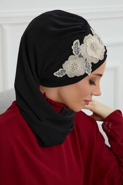Aisha's Design Chiffon Ready-To-Wear Turban with Floral Crown Accessory, Ht-103, Ht-103, Black-Gold