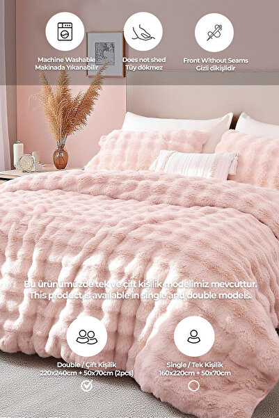 Evlen Home Collection Kürk Yatak Örtüsü Çift Kişilik Dolgulu Peluş Yumuşak Çift Taraflı Yorgan 3 Parça Lory Pudra