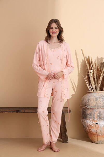 ELİTOL Σετ πιτζάμες 3 τεμαχίων με μακρυμάνικο γυναικείο φόρεμα στολής με σχέδιο καρδιάς Love Cares