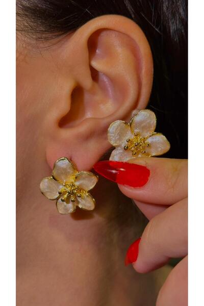 İlraysa ÇİÇEK DESENLİ KREM RENK KADIN KÜPE | YAZLIK ŞIK AKSESUAR | RENK ATMAZ GARANTİLİ KÜPE