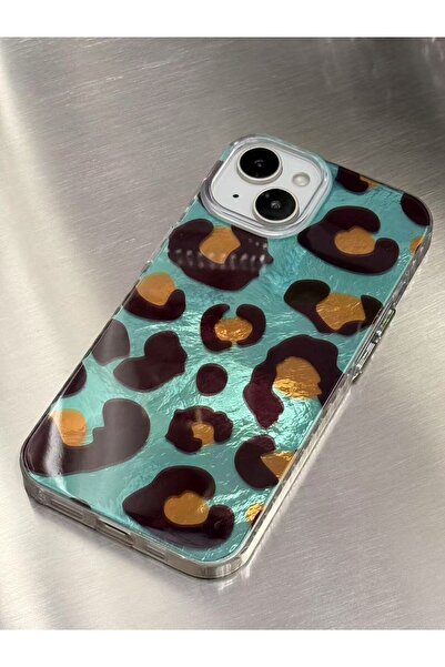 Fibaks iPhone 13/14/15 Case Holographic Blue Leopard Pattern Shock-Absorbing Camera Protection Silicone