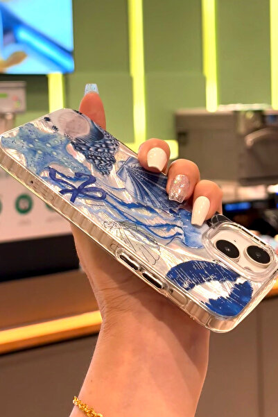 Fibaks iPhone 13/14/15 Kılıf Hologramlı Mavi Deniz Kabuğu Desenli Darbe Emici Kamera Korumalı Silikon