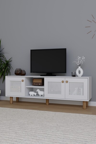 midoser Bohem Serisi Natura Mat Beyaz Pvc Hasır Desen Tv Ünitesi