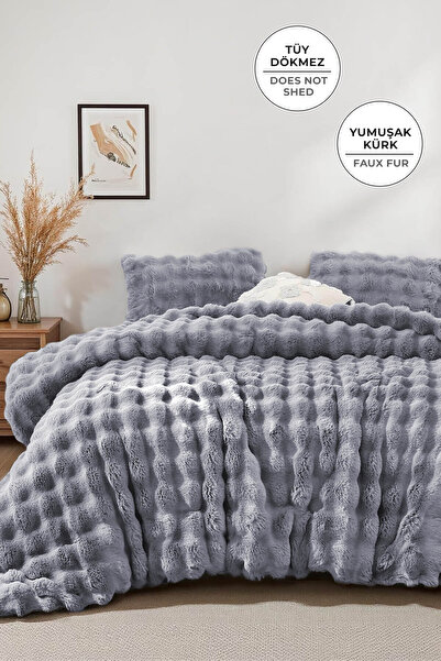 Evlen Home Collection Хутряне покривало для ліжка Двоспальне наповнене плюшеве м'яке двостороннє ковдру 3 частини Lory Grey