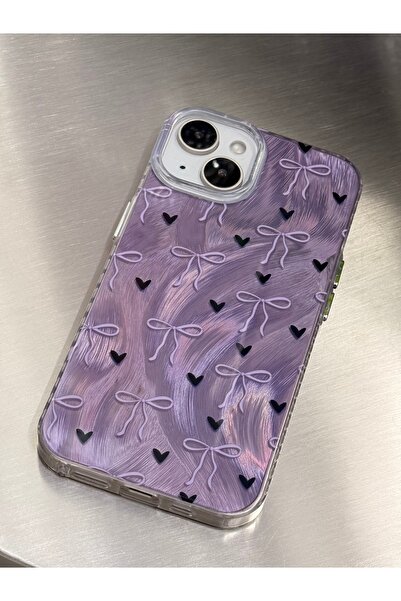 Fibaks iPhone 11 Case Holographic Black Heart Purple Bow Pattern Shock Absorbing Camera Protected Silicone