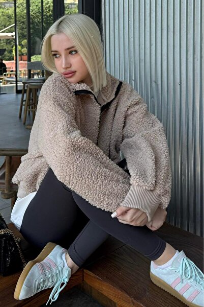 Madmext Bej Peluş Fermuar Yaka Sweatshirt MG1413