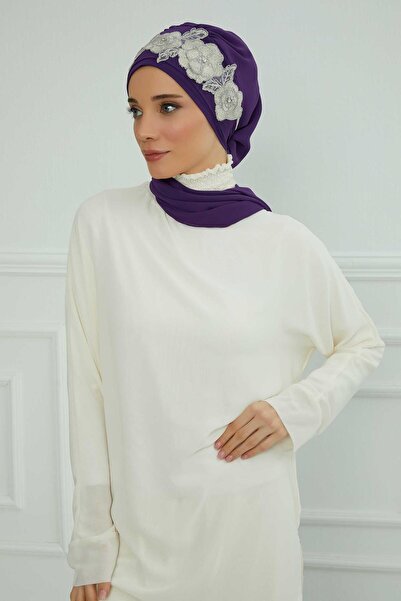 Aisha's Design Έτοιμο τουρμπάν από σιφόν με αξεσουάρ λουλουδιών, ht-103, ht-103, μωβ-ασημί