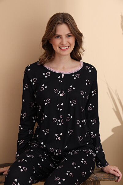 ELİTOL Set de pijamale pentru femei cu mânecă lungă din Lycra tricotată Heart Pattern Cares