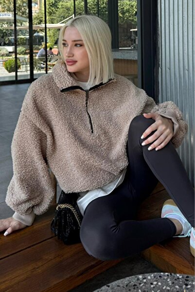 Madmext Bej Peluş Fermuar Yaka Sweatshirt MG1413
